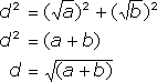 d squared = (sqrt(a)) squared + (sqrt(b)) squared; d squared = a + b; d = sqrt(a+b)